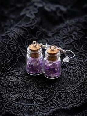 Handmade Mini Amethyst Crystal Chip Filled Glass Jar Earrings